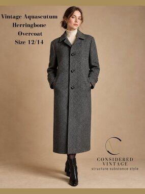 Vintage Aquascutum London Gray Herringbone Pure Virgin Wool Overcoat Jacket - Ma
